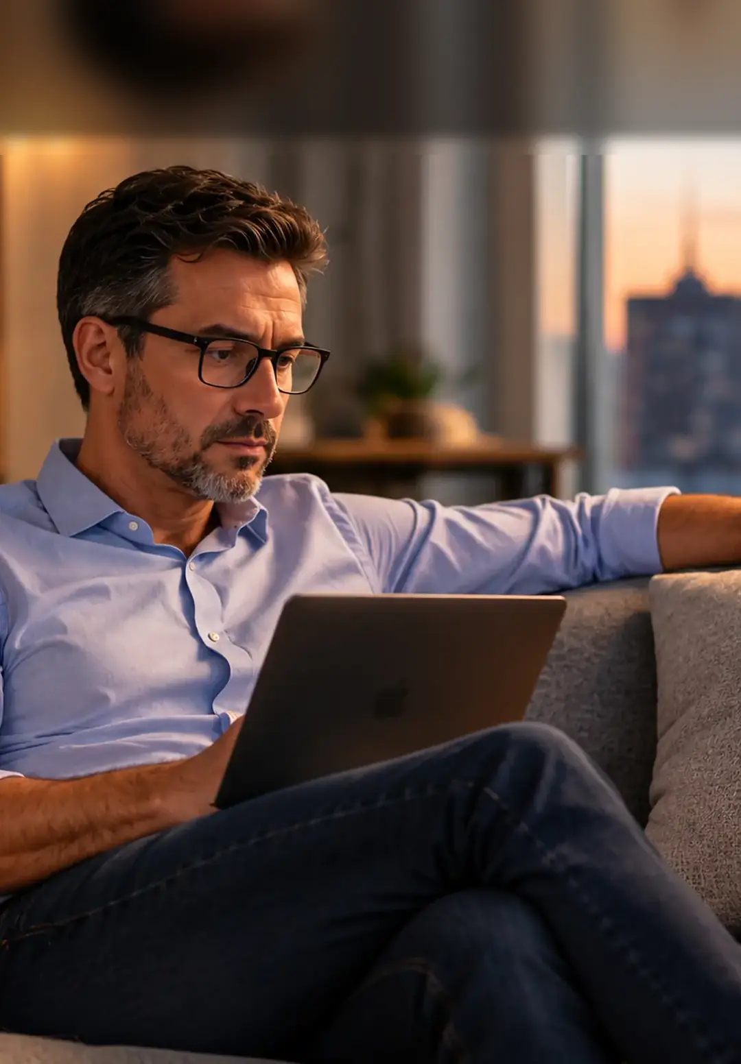 Investidor no sofá com o notebook, cidade ao fundo.
