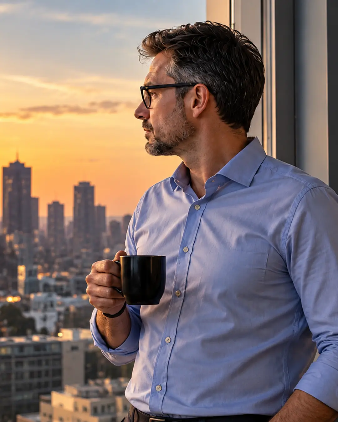 Investidor com café diante da janela ao pôr do sol.